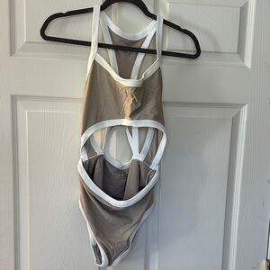 aerie One-Piece Swimsuit in Taupe with White Trim